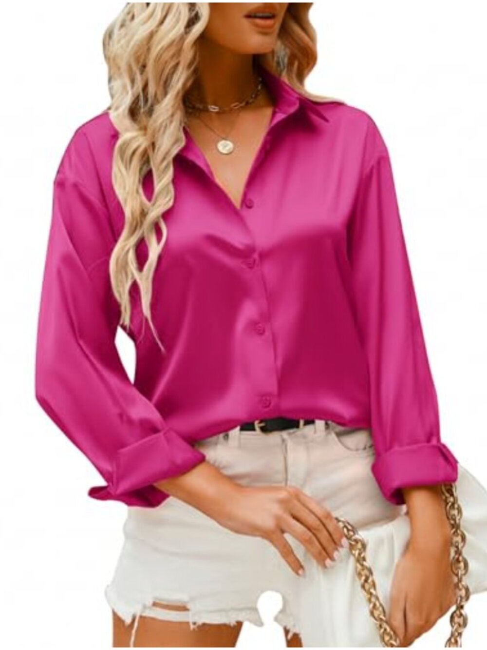 Satin Blend Button Down Shirt Long Sleeve Work Tunic Top